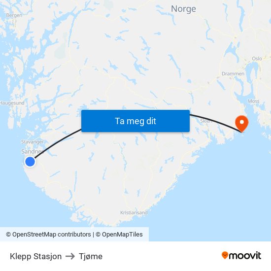 Klepp Stasjon to Tjøme map