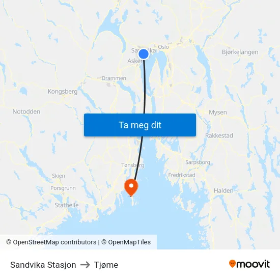 Sandvika Stasjon to Tjøme map