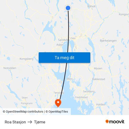 Roa Stasjon to Tjøme map
