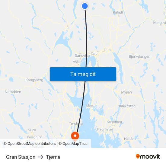 Gran Stasjon to Tjøme map