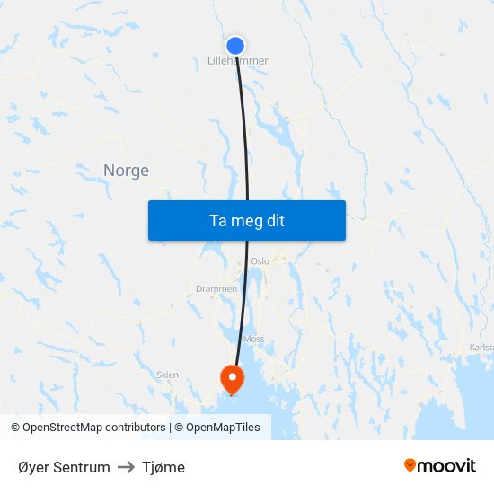 Øyer Sentrum to Tjøme map