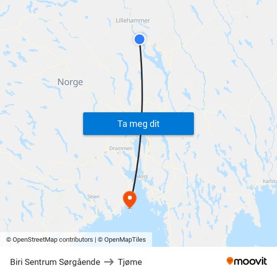Biri Sentrum Sørgående to Tjøme map