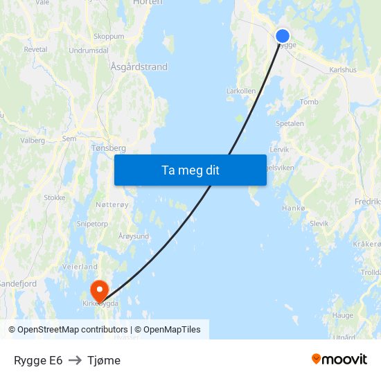 Rygge E6 to Tjøme map