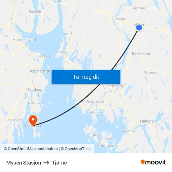 Mysen Stasjon to Tjøme map