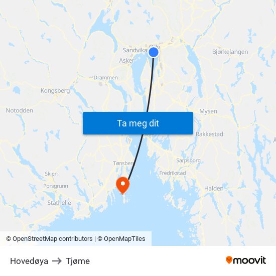 Hovedøya to Tjøme map
