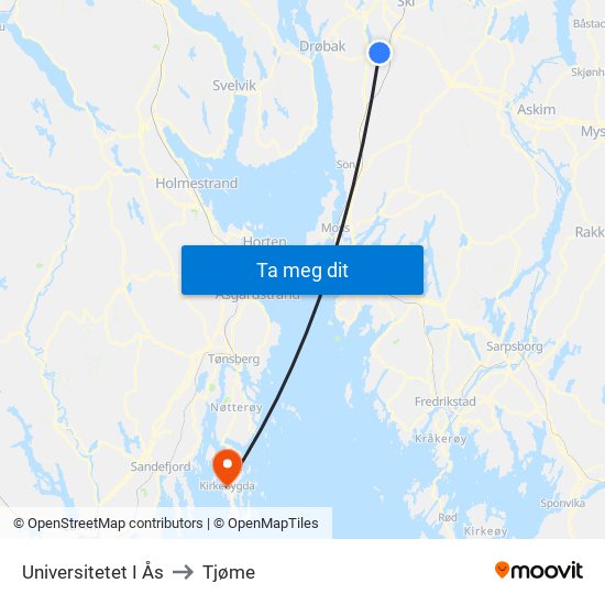 Universitetet I Ås to Tjøme map