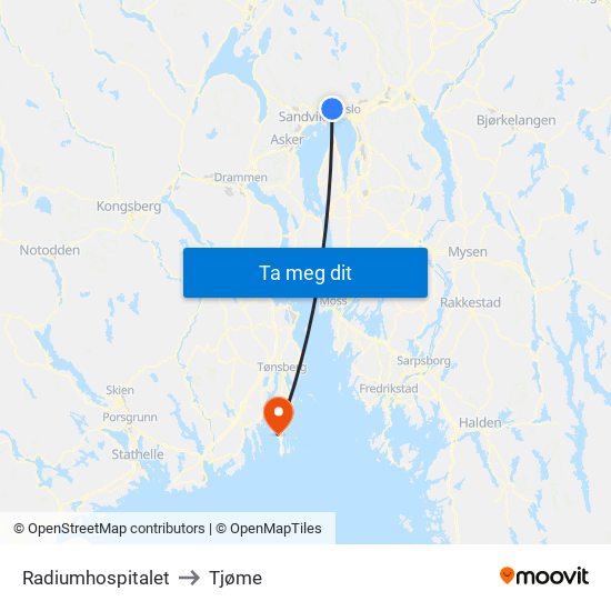 Radiumhospitalet to Tjøme map