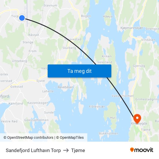 Sandefjord Lufthavn Torp to Tjøme map
