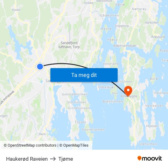 Haukerød Raveien to Tjøme map