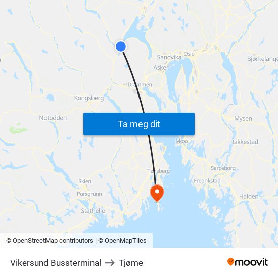 Vikersund Bussterminal to Tjøme map