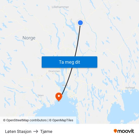 Løten Stasjon to Tjøme map