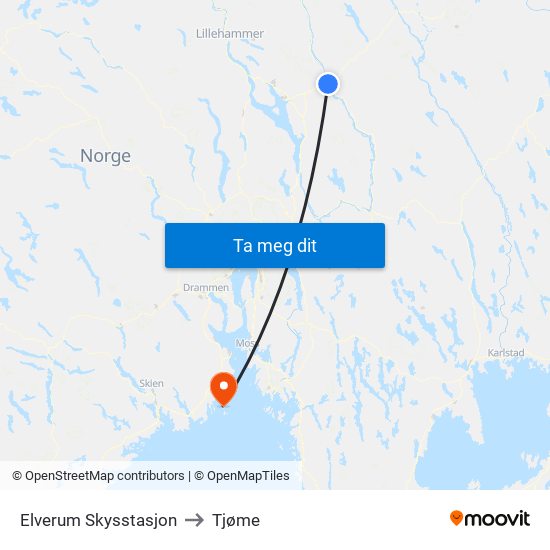 Elverum Skysstasjon to Tjøme map