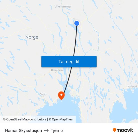 Hamar Skysstasjon to Tjøme map