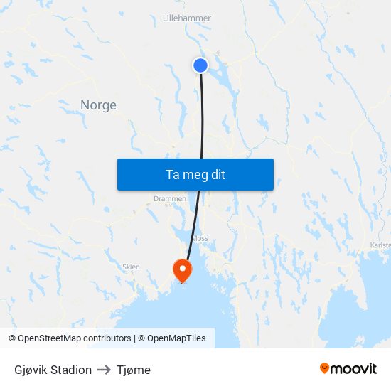 Gjøvik Stadion to Tjøme map