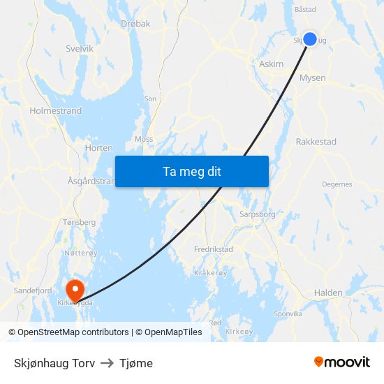 Skjønhaug Torv to Tjøme map