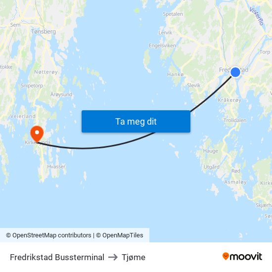 Fredrikstad Bussterminal to Tjøme map