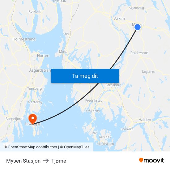 Mysen Stasjon to Tjøme map