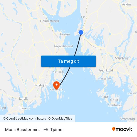 Moss Bussterminal to Tjøme map