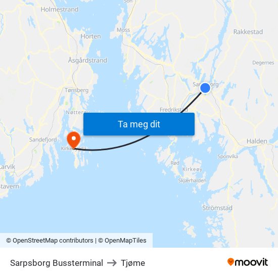 Sarpsborg Bussterminal to Tjøme map