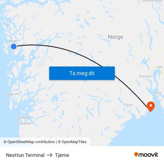 Nesttun Terminal to Tjøme map