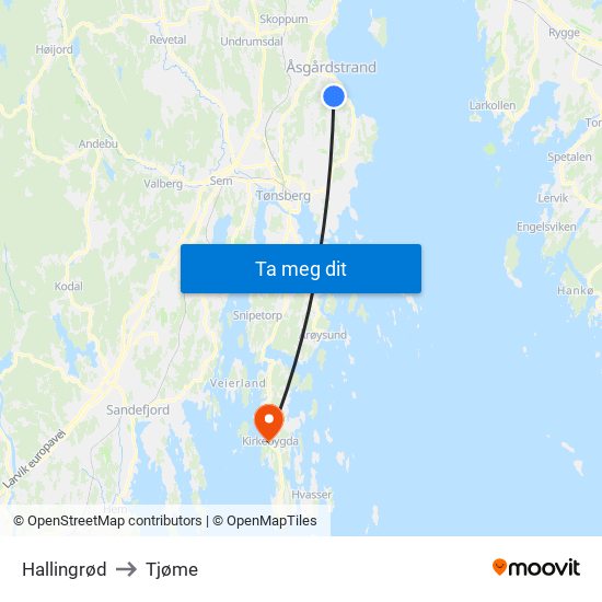 Hallingrød to Tjøme map