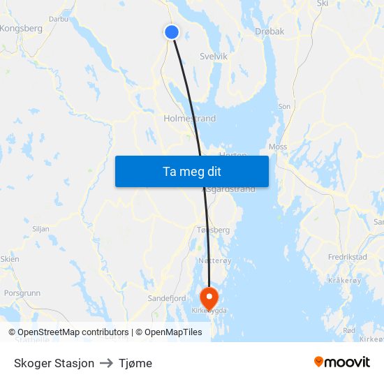 Skoger Stasjon to Tjøme map