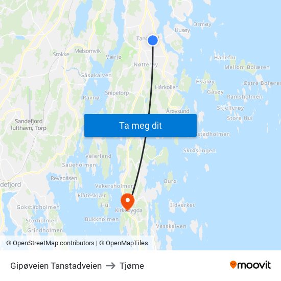 Gipøveien Tanstadveien to Tjøme map