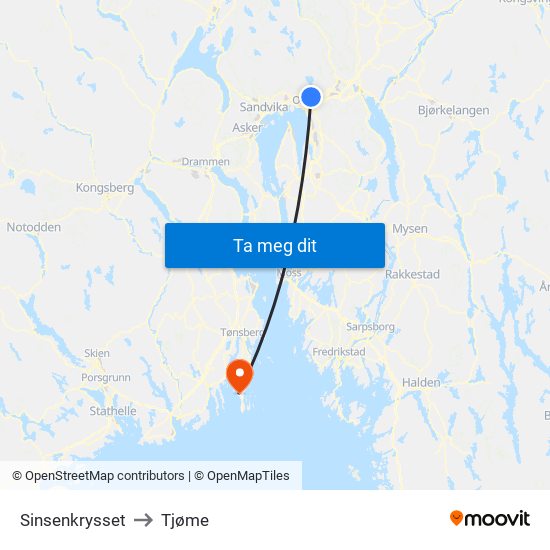 Sinsenkrysset to Tjøme map