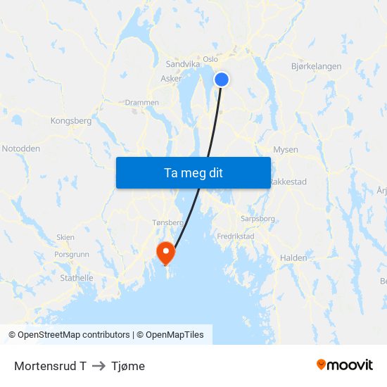 Mortensrud T to Tjøme map