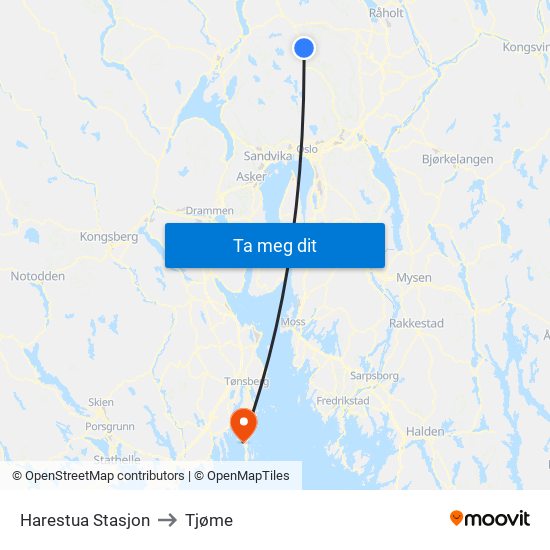 Harestua Stasjon to Tjøme map