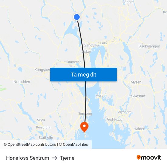 Hønefoss Sentrum to Tjøme map