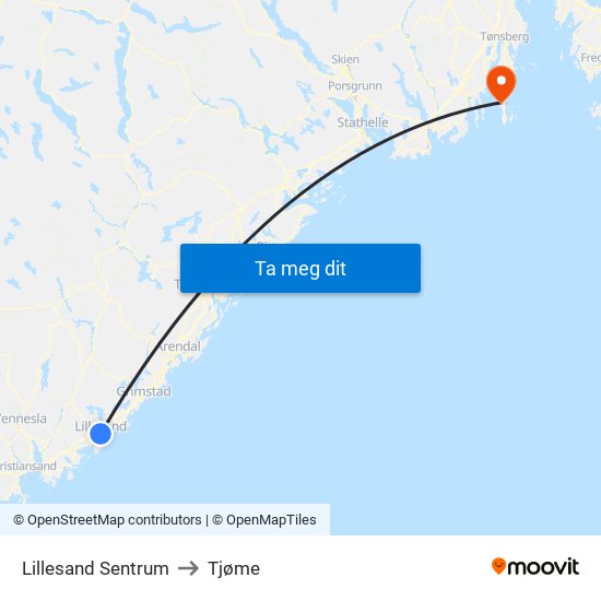 Lillesand Sentrum to Tjøme map