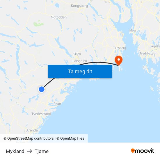 Mykland to Tjøme map