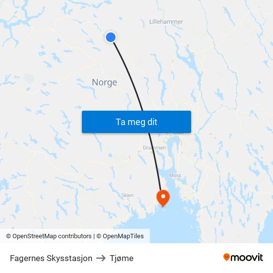 Fagernes Skysstasjon to Tjøme map