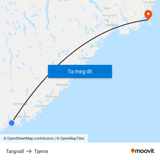 Tangvall to Tjøme map