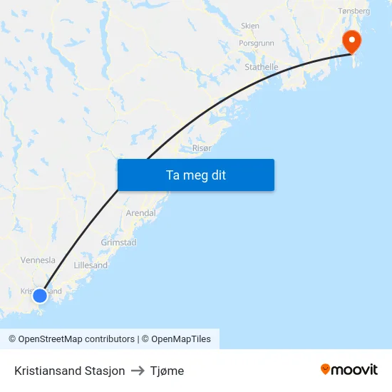 Kristiansand Stasjon to Tjøme map