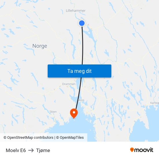 Moelv E6 to Tjøme map
