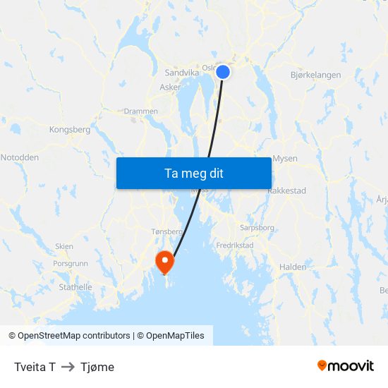 Tveita T to Tjøme map