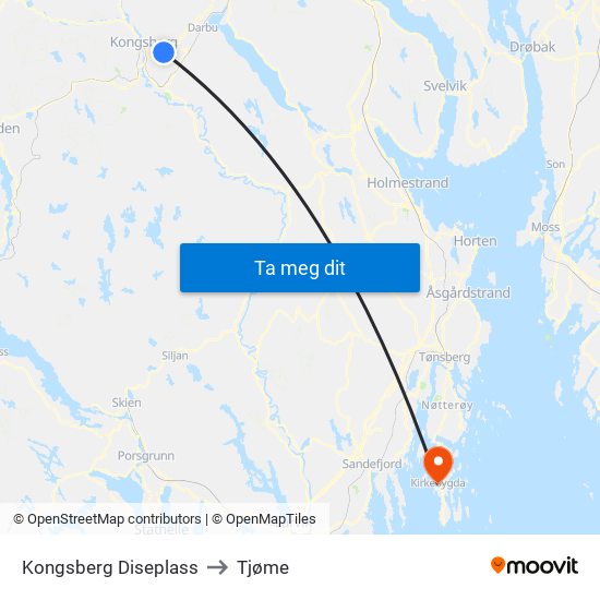 Kongsberg Diseplass to Tjøme map