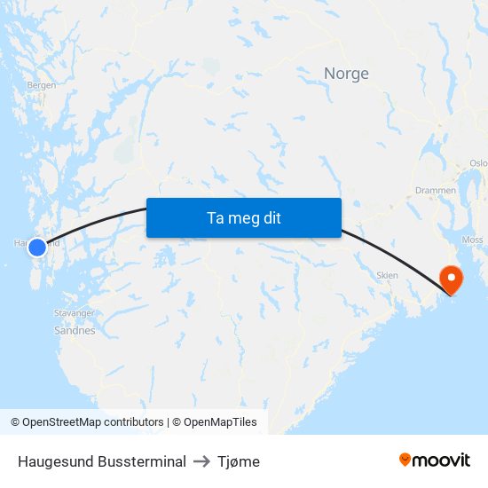 Haugesund Bussterminal to Tjøme map