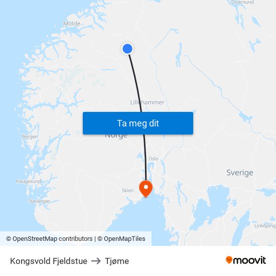 Kongsvold Fjeldstue to Tjøme map