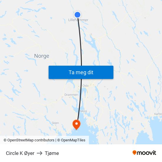 Circle K Øyer to Tjøme map