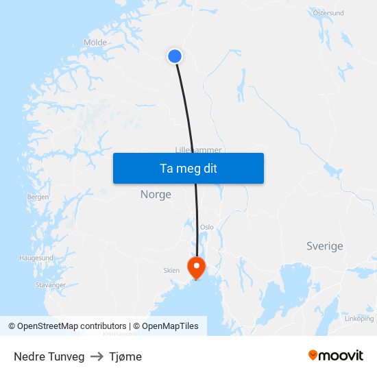 Nedre Tunveg to Tjøme map