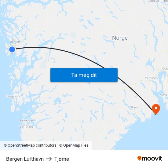 Bergen Lufthavn to Tjøme map