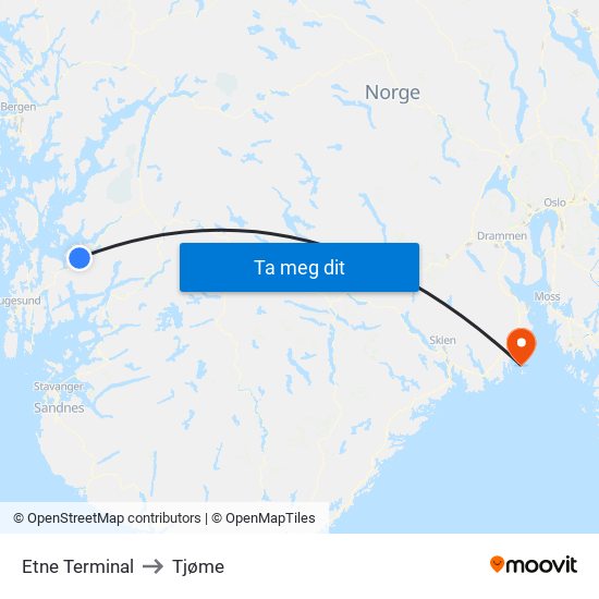 Etne Terminal to Tjøme map