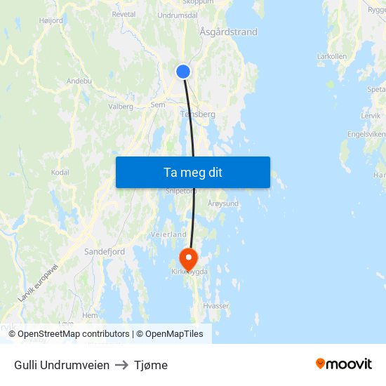 Gulli Undrumveien to Tjøme map