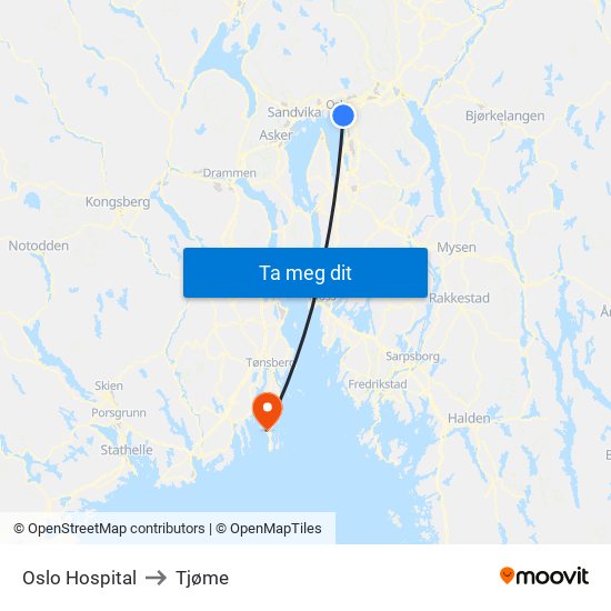 Oslo Hospital to Tjøme map