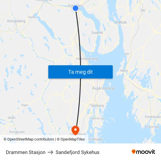 Drammen Stasjon to Sandefjord Sykehus map