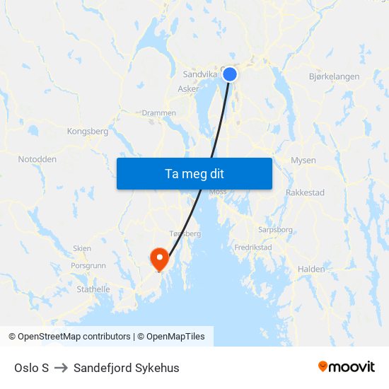 Oslo S to Sandefjord Sykehus map