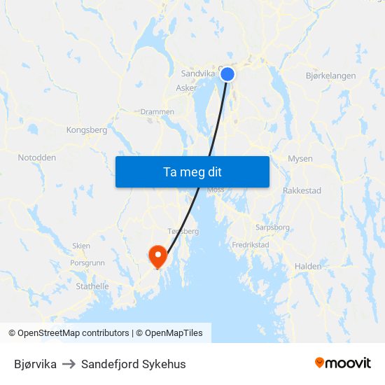 Bjørvika to Sandefjord Sykehus map